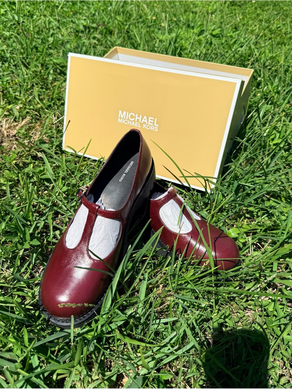 Michael Kors Women's Burgundy T-Strap Leather Flats with Low Heel